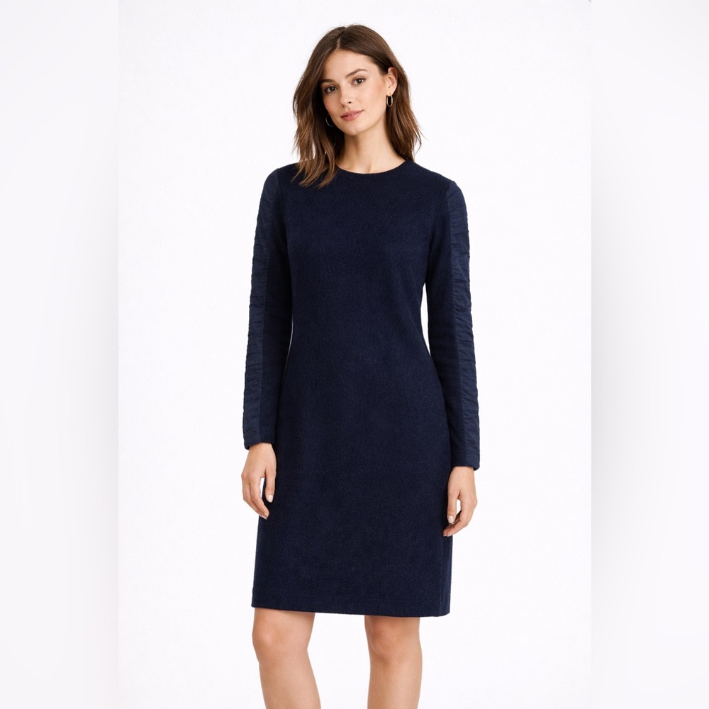 COS Dark Blue Wool & Silk Dress 3/4 Gathered Sleeve Size XS